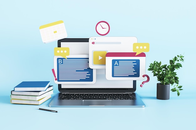 Zbliżenie laptopa z koncepcją edukacji online na niebieskim tle miejsca pracy Ucz się i studiuj koncepcję Renderowanie 3D