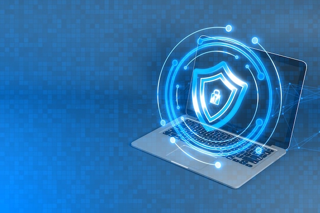 Zbliżenie laptopa z kreatywnym okrągłym hologramem bezpieczeństwa z wielokątną siatką na rozmytym szerokim czarnym tle Bezpieczna aplikacja antywirusowa dla cyfrowej ochrony koncepcja 3D Rendering