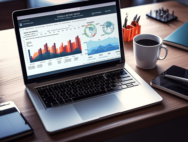 Zdjęcie zbliżenie laptopa z wykresem walutowym na ekranie w biurze z widokiem na miasto z okna i różnymi przedmiotami finansowanie rynku i koncepcja handlu online rendering 3d