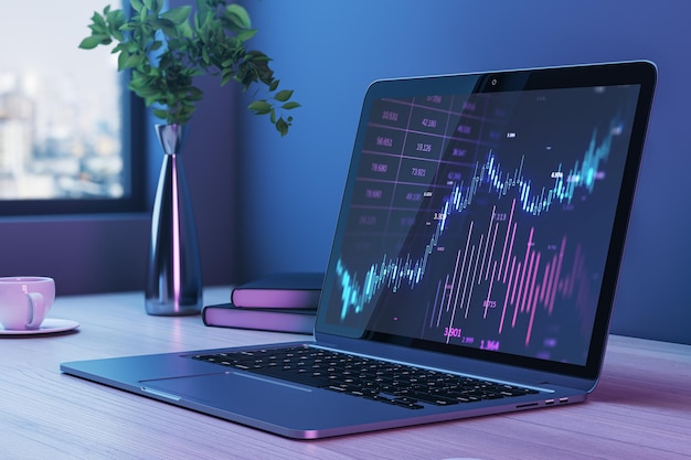 Zbliżenie laptopa ze świecącym wykresem forex świecznika na ekranie umieszczonym na tle nowoczesnego miejsca pracy z filiżanką kawy i widokiem na miasto Zysk z inwestycji i koncepcja wzrostu finansowego Renderowanie 3D