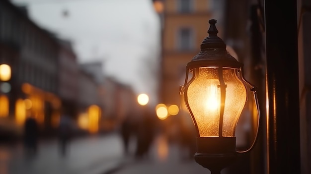 Zbliżenie latarni ulicznych wieczorem na niewyraźne tło miejsce na tekst bokeh tło