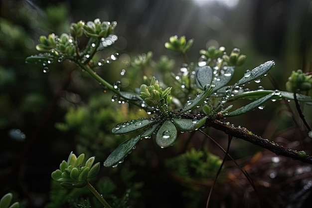 Zdjęcie zbliżenie leśnej flory z kropelkami wody z porannej rosy utworzone za pomocą generatywnej ai