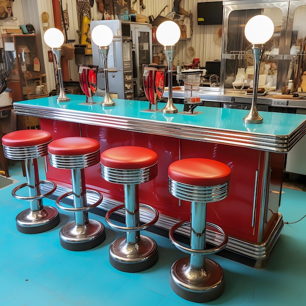 Zdjęcie zbliżenie licznika z czterema czerwonymi stołkami w restauracji generative ai