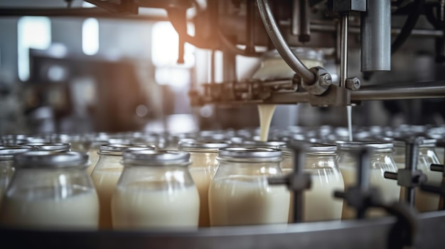 Zbliżenie linii rozlewu mleka w fabryce generatywnej AI