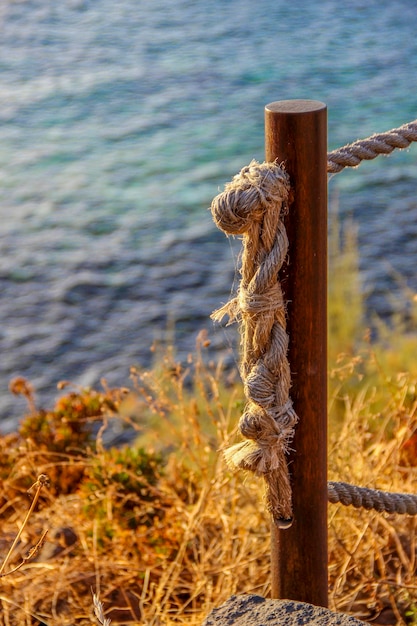 Zdjęcie zbliżenie liny przywiązanej do drewnianego słupka na plaży