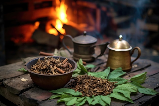 Zbliżenie liści herbaty chai na wiejskim drewnianym stole w pobliżu ognia obozowego stworzonego za pomocą generatywnego ai