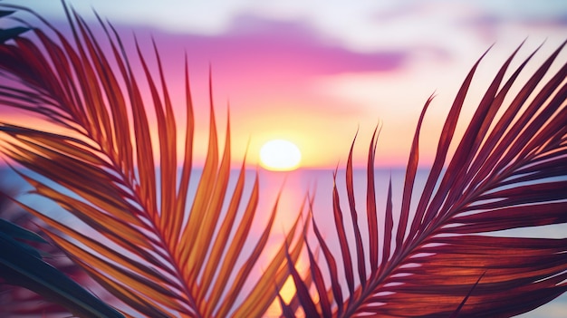 Zbliżenie liści palmowych z zachodem słońca nad morzem w delikatnych kolorach Piękne tło natury
