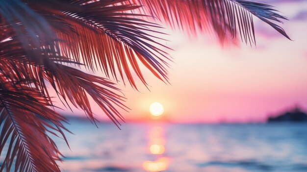 Zbliżenie liści palmowych z zachodem słońca nad morzem w delikatnych kolorach Piękne tło natury