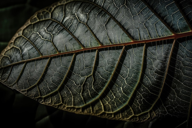 Zbliżenie liścia rośliny z pękającymi żyłkami i widocznymi skomplikowanymi szczegółami