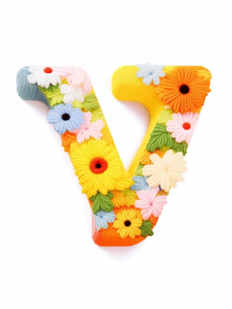 Zbliżenie litery v wykonane z filcowych kwiatów generatywne ai