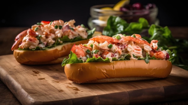 Zbliżenie Lobster Rolls pełne kawałków mięsa homara i warzyw na drewnianym talerzu