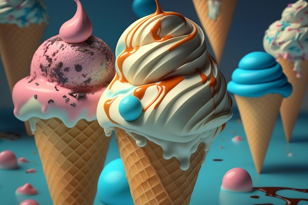 Zbliżenie lodów w rożkach waflowych z syropem Kreatywna ilustracja jedzenia stworzona przez Generative AI