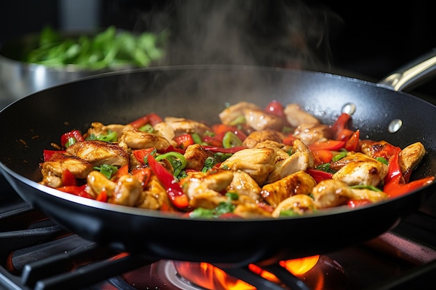 Zbliżenie łopatki rzucającej kurczaka i warzywa w gorący wok