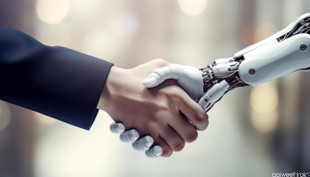 Zbliżenie ludzi biznesu uściskających ręce z ramieniem robota na rozmytym tle