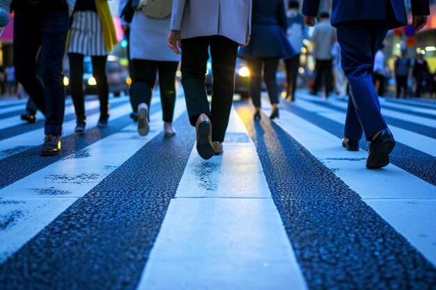Zdjęcie zbliżenie ludzi chodzących na przejściu dla pieszych w mieście w nocy za pomocą sztucznej inteligencji