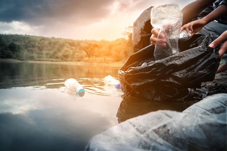Zdjęcie zbliżenie ludzi zbierających plastikowe butelki w workach na śmieci nad jeziorem