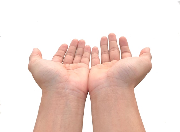 Zdjęcie zbliżenie ludzkich rąk na białym tle