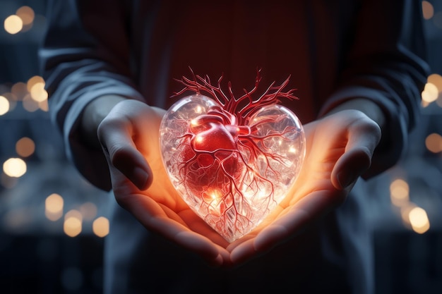 Zbliżenie ludzkich rąk trzymających duże świecące szczegółowe 3D model serca z naczyniami krwionośnymi i żyłami Zdrowy styl życia zapobieganie chorobom serca monitorowanie serca Dbaj o swoje zdrowie