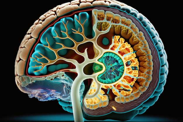 Zbliżenie ludzkiego mózgu pokazujące odpalanie neuronów i rozszerzenia nerwowe układ limbiczny przysadka sutkowa ciało migdałowate wzgórze zakręt obręczy ciało modzelowate podwzgórze Generacyjna sztuczna inteligencja