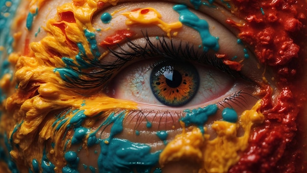 Zbliżenie ludzkiego oka otoczonego żywym odpryskiem farby w 3D