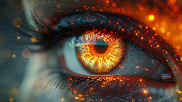 Zbliżenie ludzkiego oka świecące cyfrowe interfejsy graficzne Jasne światła i wzory wskazują na postępy w biotechnologii sztuczna inteligencja lub wirtualna rzeczywistość