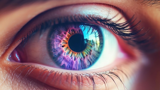 Zbliżenie ludzkiego oka w świetle neonowym