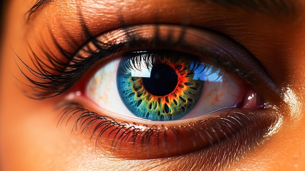 Zdjęcie zbliżenie ludzkiego oka z niebieską i żółtą tęczówką otoczoną kolorowymi cieniami na oczy i długimi rzęsami skóra ma ciepły i ciemny odcień