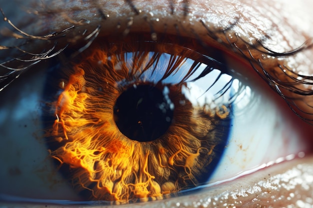 Zbliżenie ludzkiego oka z pomarańczowymi i żółtymi tęczówkami.