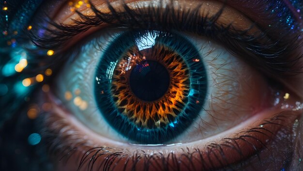 Zdjęcie zbliżenie ludzkiego oka z świecącą iryzującą tęczówką