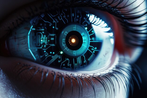 Zbliżenie ludzkiego oka z ulepszeniami zasilanymi sztuczną inteligencją