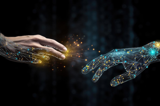 Zbliżenie ludzkiej ręki dotykającej palcem koncepcja połączenia cyfrowego na tle AI uczenie maszynowe ręce robota i człowieka dotykające połączenia sieci dużych danych AI generowane