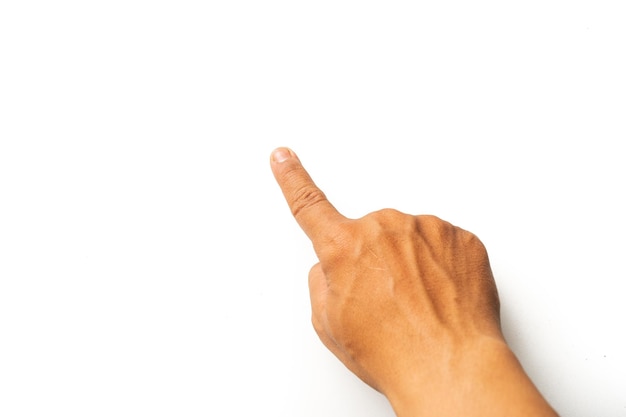 Zdjęcie zbliżenie ludzkiej ręki gestującej na białym tle