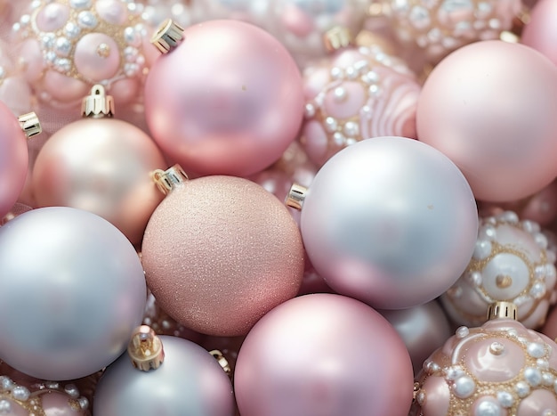 Zbliżenie luksusowych piłek świątecznych w miękkich różowych kolorach