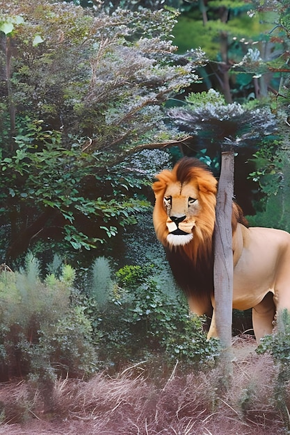 Zbliżenie lwa w jego naturalnym środowisku otoczonym bujnym lasem drzew
