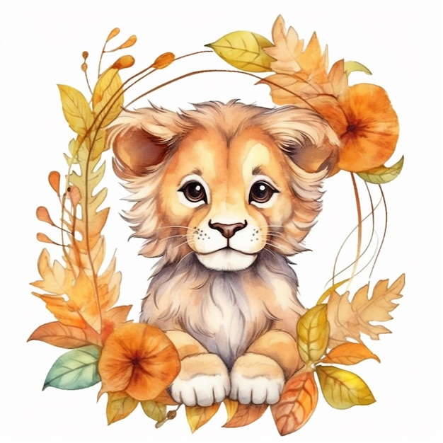 Zdjęcie zbliżenie lwa z liśćmi i kwiatami wokół niego generatywny ai