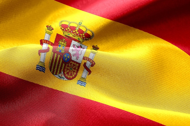 Zbliżenie Macha Flagą Tkaniny Hiszpanii. Symbole Flag Hiszpanii.