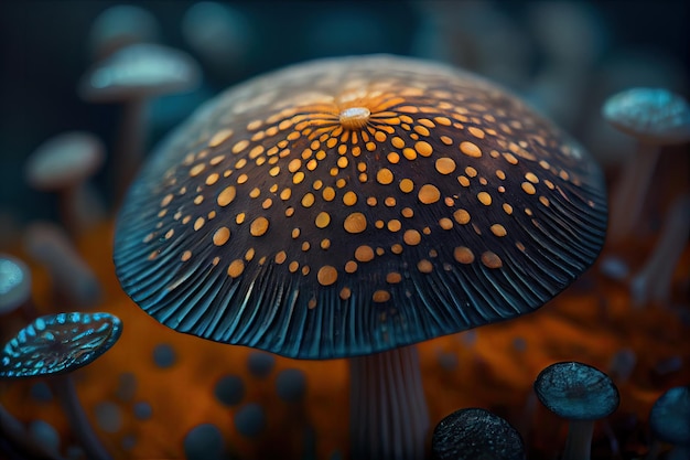 Zbliżenie magicznego grzyba z jego unikalną teksturą i widocznymi kolorami, stworzone za pomocą generatywnej sztucznej inteligencji