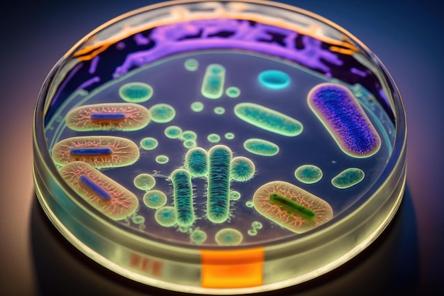 Zbliżenie makro bakterii w laboratoryjnej szalce Petriego wykonane przez generatywną sztuczną inteligencję
