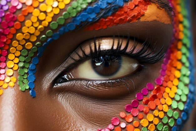Zbliżenie makro- strzał twarz kobiety z kolorowym tęczy wzór makijażu