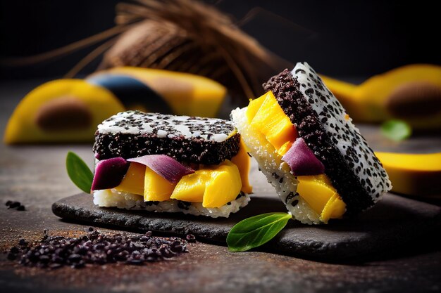 Zbliżenie mango i mango sushi na stole