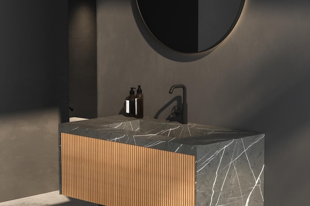 Zbliżenie marmurowej umywalki z owalnym lustrem stojącym na ciemnej ścianie drewnianej szafce czarny kran w minimalistycznej łazience Widok z boku renderowania 3d