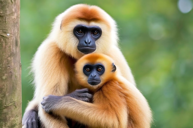 Zbliżenie matki małpy Cheeked Gibbon z dzieckiem w lesie Generacyjna sztuczna inteligencja