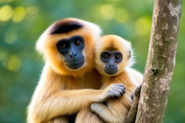 Zbliżenie matki małpy Cheeked Gibbon z dzieckiem w lesie Generacyjna sztuczna inteligencja