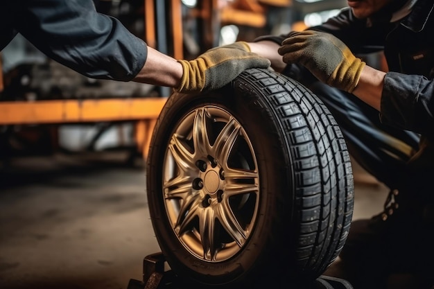 Zbliżenie mechanika w pracy zmieniającego opony i koła w centrum serwisowym Generacyjna sztuczna inteligencja