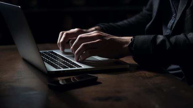 Zbliżenie męskich rąk wpisując na klawiaturze laptopa w ciemnym pokojugenerative ai