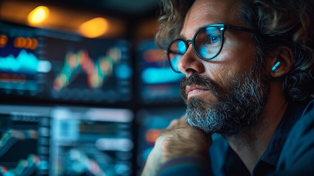 Zbliżenie męskiego brokera finansowego wskazującego na monitor komputera podczas analizy wykresu giełdy w nocnym biurze.
