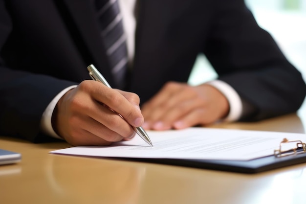 Zbliżenie męskiej dłoni za pomocą pióra nad dokumentem Businesswoman siedzi przy biurku podpisania umowy