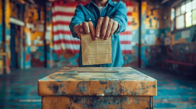 Zbliżenie męskiej ręki wkładającej urnę do urny wyborczej