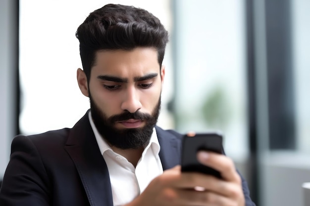 Zbliżenie mężczyzny korzystającego z telefonu komórkowego w nowoczesnym biurze utworzonym za pomocą generatywnej sztucznej inteligencji
