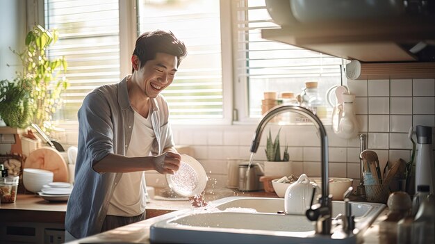 Zbliżenie mężczyzny szczęśliwie myjącego naczynia w nasłonecznej kuchni
